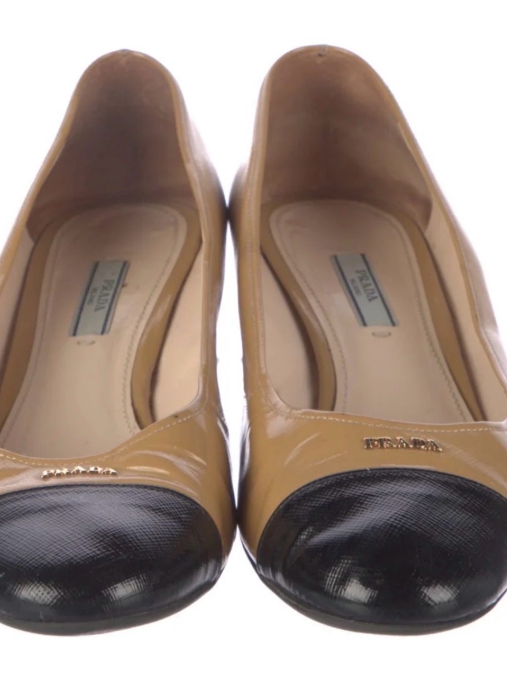 Prada Camel Black cap toe Patent Leather Block Heel Pumps sz 41